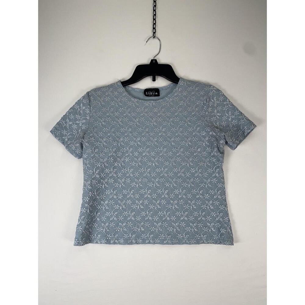Libra Shirt Womens Small Blue Lace Floral Embroidered Short Sleeve Crewneck Top